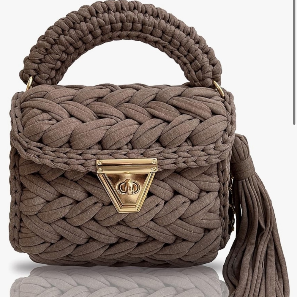 Woven Knit Top-Handle Bag in Taupe with Gold Hardware